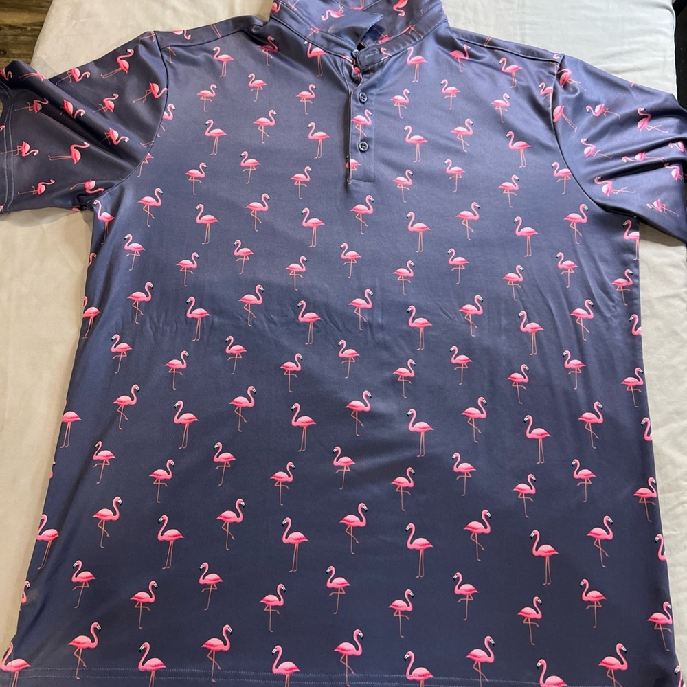 Pink and Blue Flamingo Print Polo Shirt